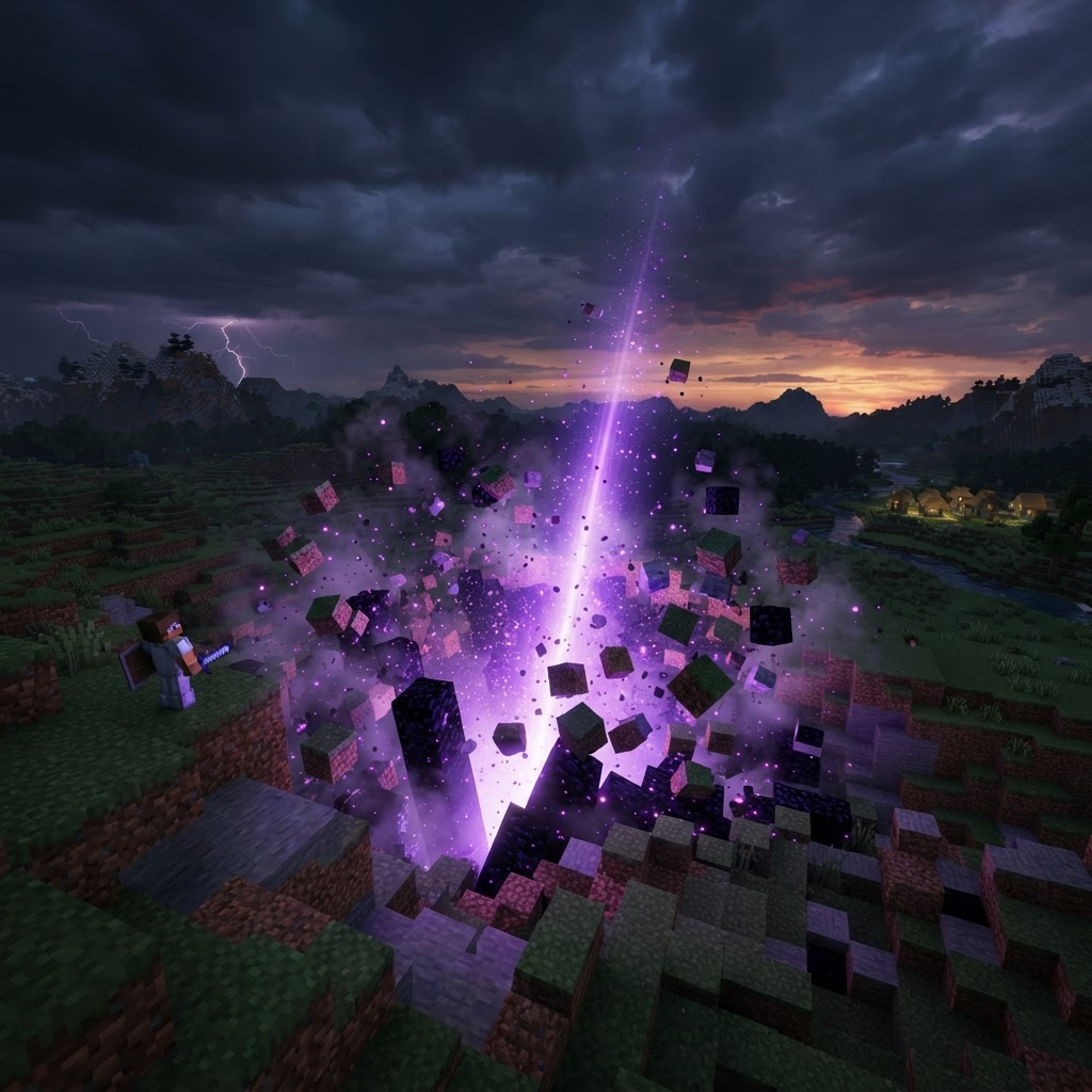 A dramatic Minecraft-style landscape with floating islands and a glowing purple sky
